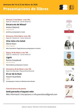 PRESENTACIONS SETMANA DEL 16 AL 22 DE FEBRER 2026 | Llibreria Geli - Llibreria Online de Girona - Comprar llibres en català i castellà