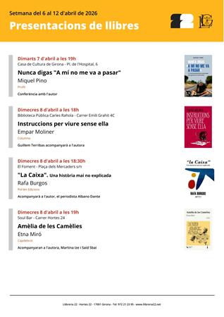 PRESENTACIONS SETMANA DEL 6 AL 12 D'ABRIL 2026 | Llibreria Geli - Llibreria Online de Girona - Comprar llibres en català i castellà