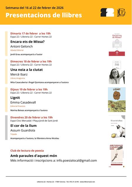 PRESENTACIONS SETMANA DEL 16 AL 22 DE FEBRER 2026 | Llibreria Geli - Llibreria Online de Girona - Comprar llibres en català i castellà