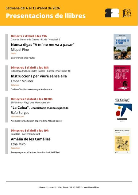 PRESENTACIONS SETMANA DEL 6 AL 12 D'ABRIL 2026 | Llibreria Geli - Llibreria Online de Girona - Comprar llibres en català i castellà