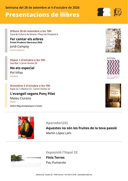 PRESENTACIONS SETMANA DEL 28 DE SETEMBRE AL 4 D'OCTUBRE DE 2026 | Llibreria Geli - Llibreria Online de Girona - Comprar llibres en català i castellà